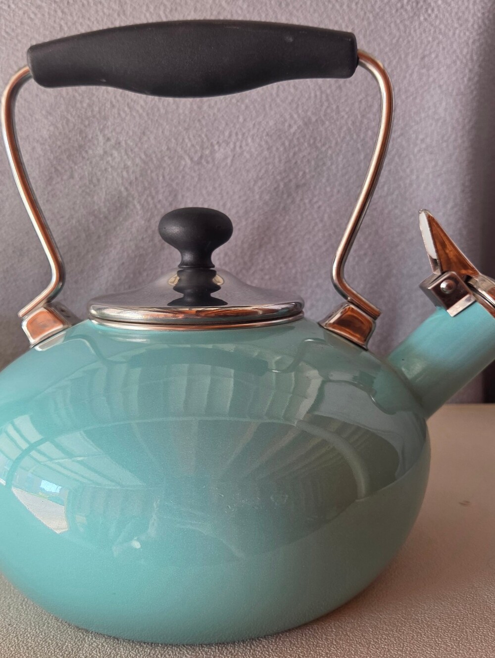 Chantal Teal Enamel Whistling Tea Kettle Pot Belly Teal with Black Handle